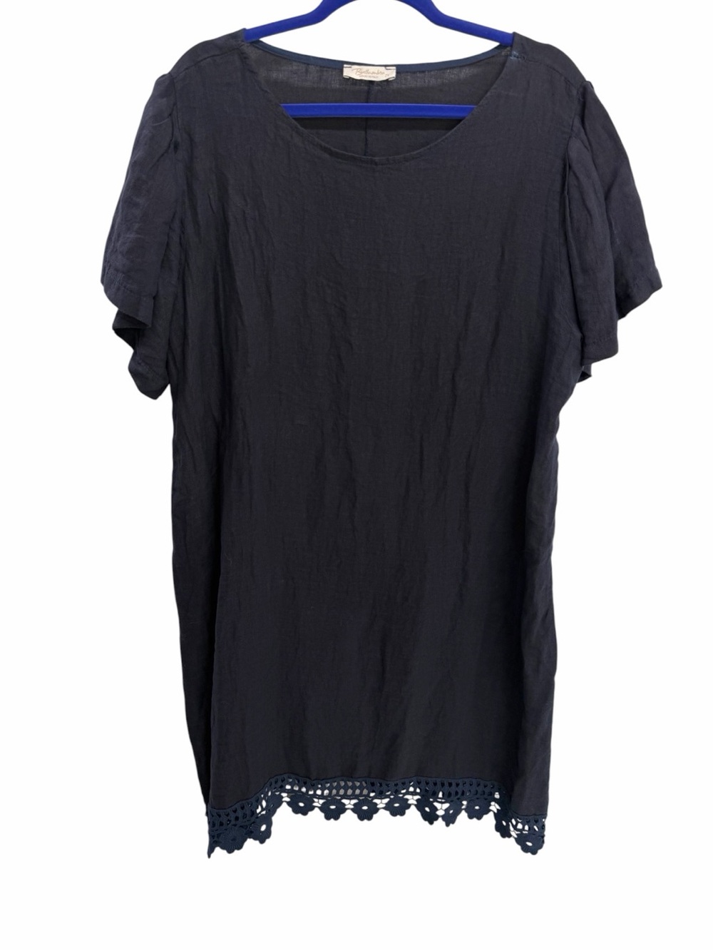 Bellambra Made in Italy Linen Dress Navy Short Sleeve Tunic Crochet Hem 2X